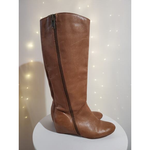 Corso Como Doyle Tall Leather Wedge Riding Boots Size 7 Tan Double Zip Knee High - Picture 5 of 9